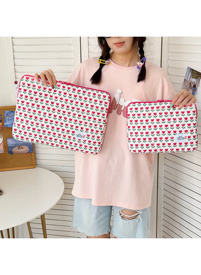 Korean Style Simple Shockproof Ipad Tablet Bag Macbook13 Inch Cute Floral Laptop Sleeve Bag Ins-Color:Red Heart-Dimensions:Large - Image 5